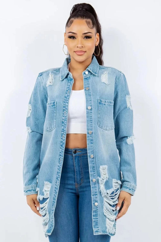 American Bazi Distressed Button Up Long Sleeve Denim Jacket - ShalayeFashion