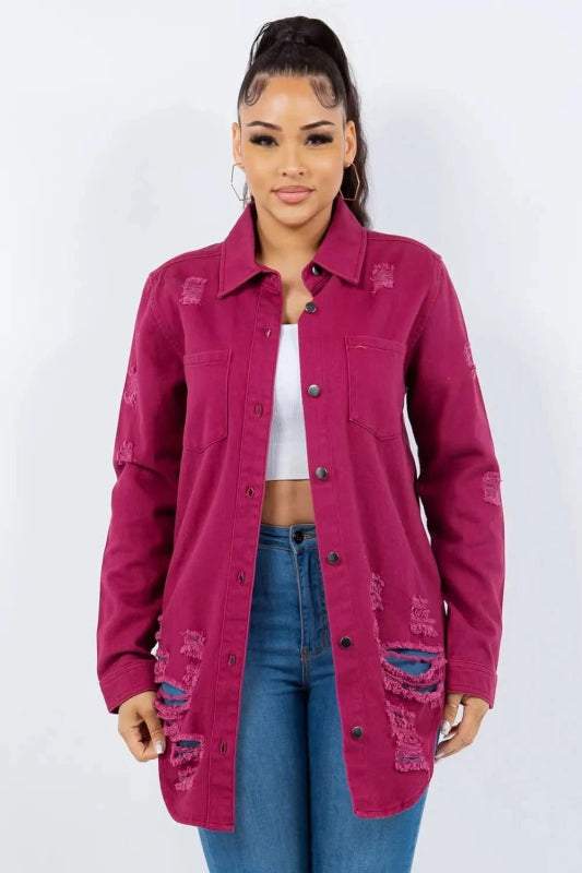 American Bazi Distressed Button Up Long Sleeve Denim Jacket - ShalayeFashion