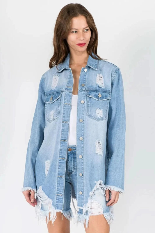 American Bazi Distressed Frayed Hem Denim Jacket - ShalayeFashion