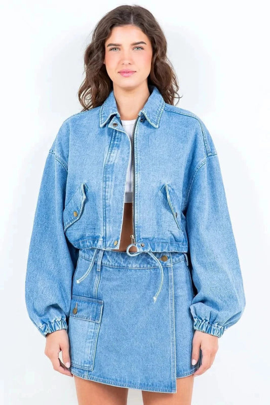 American Bazi Drawstring Waist Crop Denim Jacket - ShalayeFashion