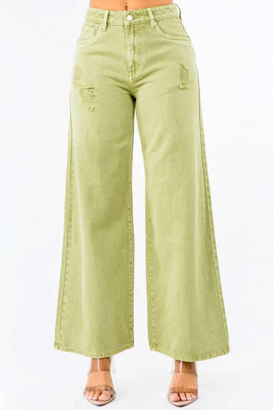 American Bazi High Waist Distressed Wide Leg Jeans - ShalayeFashion