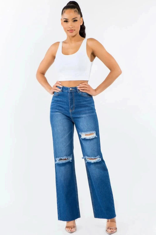 American Bazi High Waist Distressed Wide Leg Jeans - ShalayeFashion