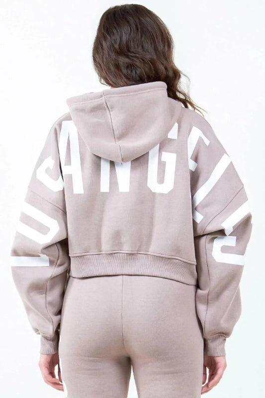 American Bazi Letter Graphic Long Sleeve Drawstring Cropped Hoodie - ShalayeFashion