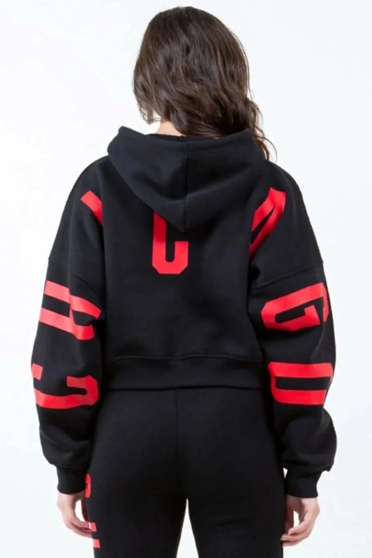 American Bazi Letter Graphic Long Sleeve Drawstring Cropped Hoodie - ShalayeFashion