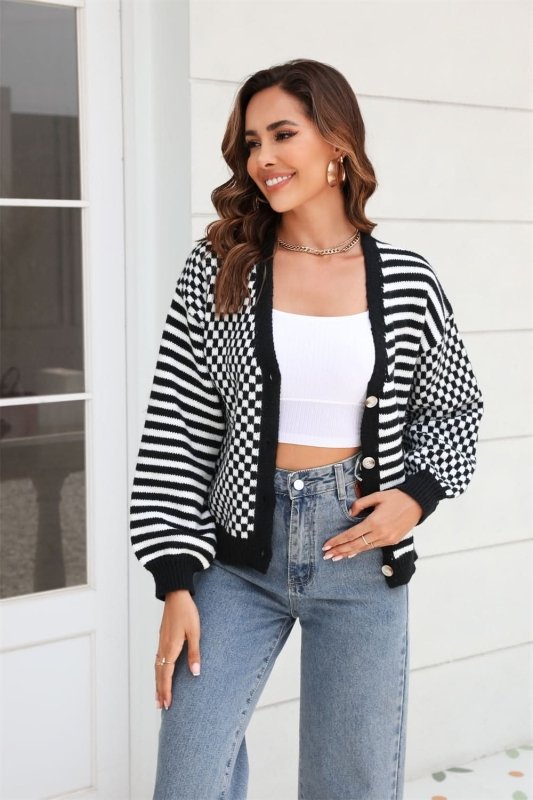 Angel Wings Button - Down Stripe & Plaid Contrast Pattern Cardigan - ShalayeFashion