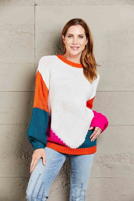 Angel Wings Color Block Round Neck Drop Shoulder Sweater - ShalayeFashion