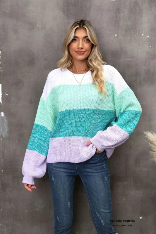 Angel Wings Color Block Round Neck Dropped Shoulder Sweater - ShalayeFashion
