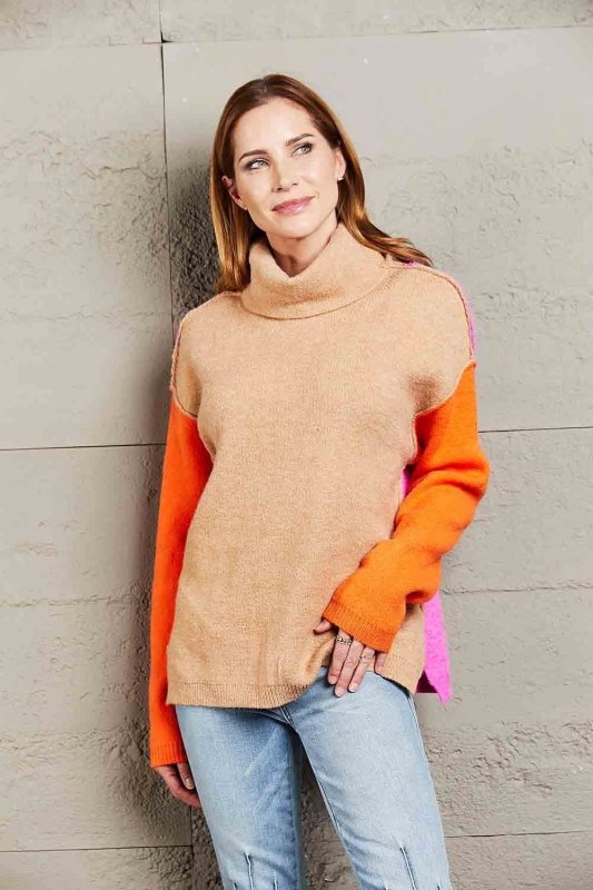 Angel Wings Color Block Turtleneck Slit Sweater - ShalayeFashion