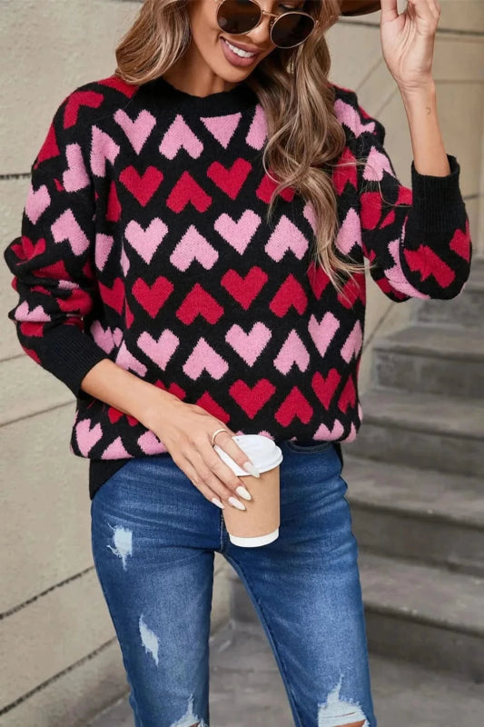 Angel Wings Contrast Heart Round Neck Sweater - ShalayeFashion