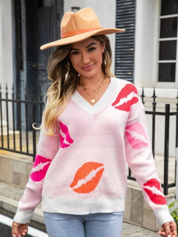 Angel Wings Lip V - Neck Drop Shoulder Sweater - ShalayeFashion