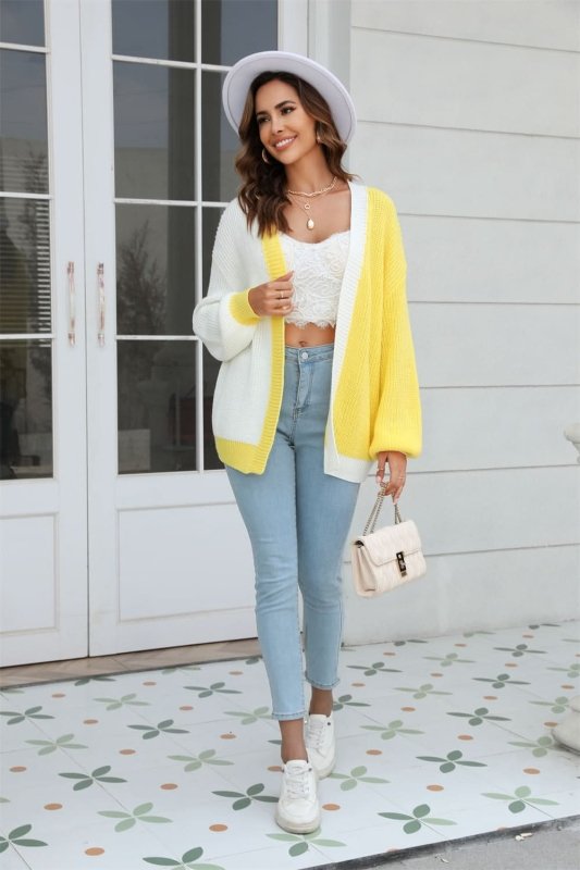 Angel Wings Open Front Contrast Color Balloon Sleeve Cardigan - ShalayeFashion