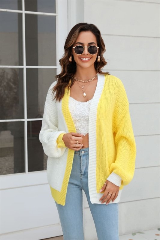 Angel Wings Open Front Contrast Color Balloon Sleeve Cardigan - ShalayeFashion