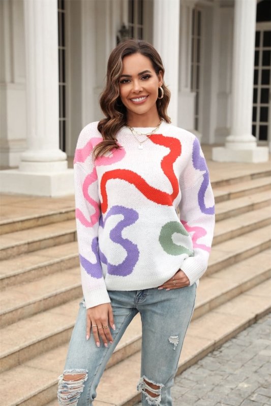 Angel Wings Printed Round Neck Dropped Shoulder Pullover Sweater - ShalayeFashion