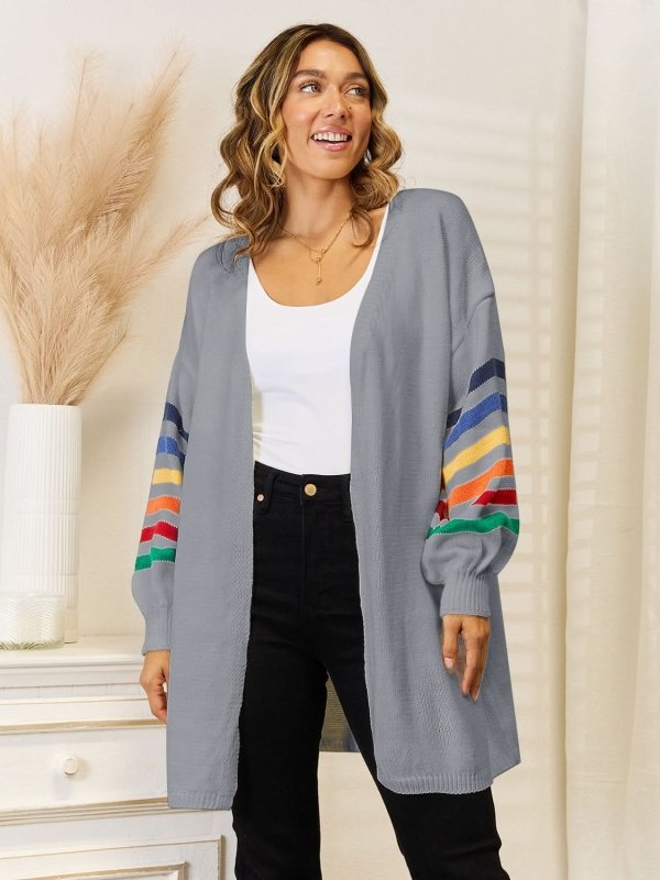 Angel Wings Striped Open Front Dropped Shoulder Cardigan - ShalayeFashion