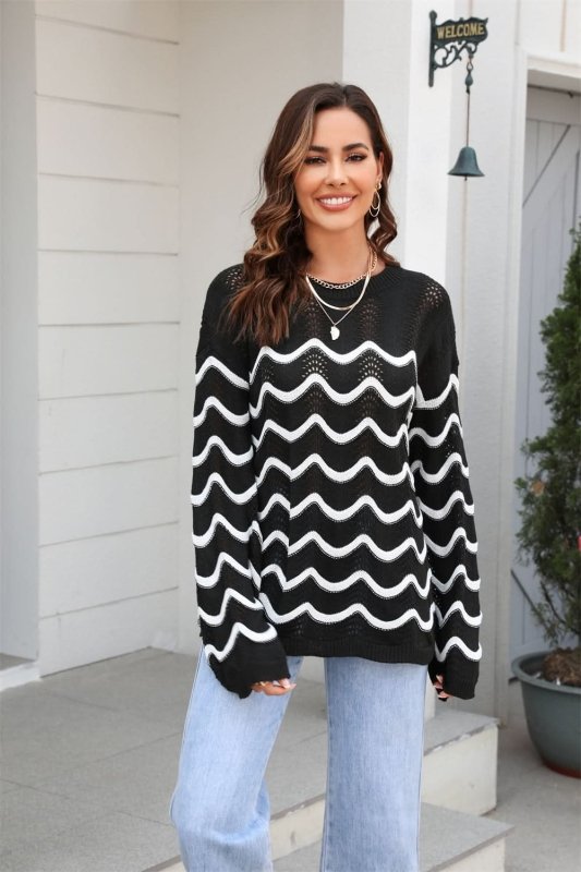 Angel Wings Wave Pattern Round Neck Long Sleeve Sweater - ShalayeFashion