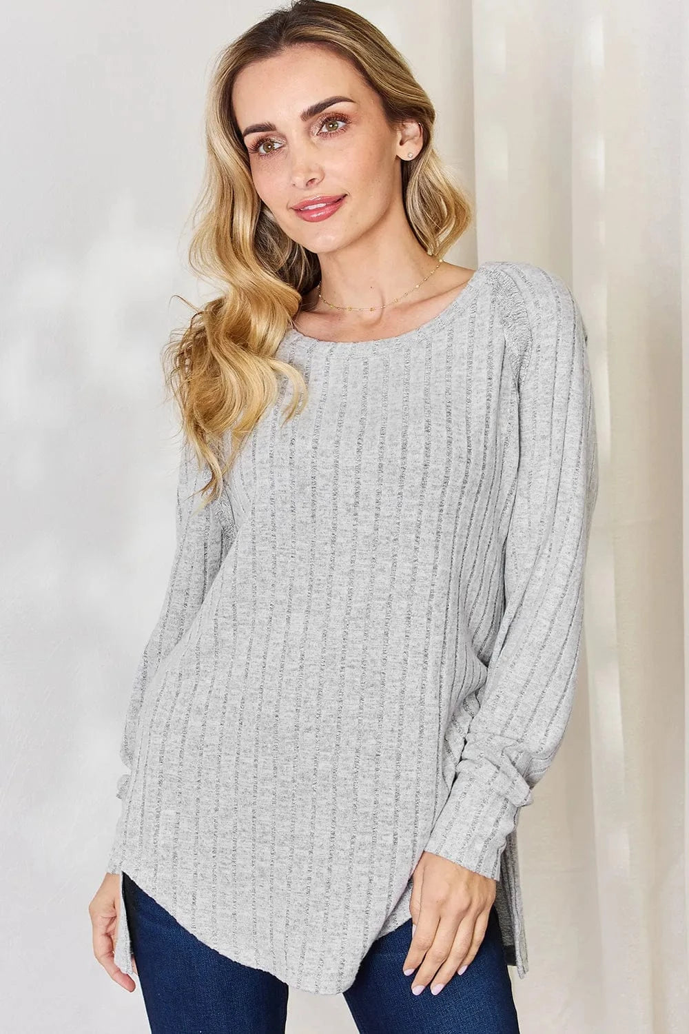 Basic Bae Full Size Ribbed Round Neck Slit T-Shirt - ShalayeFashion