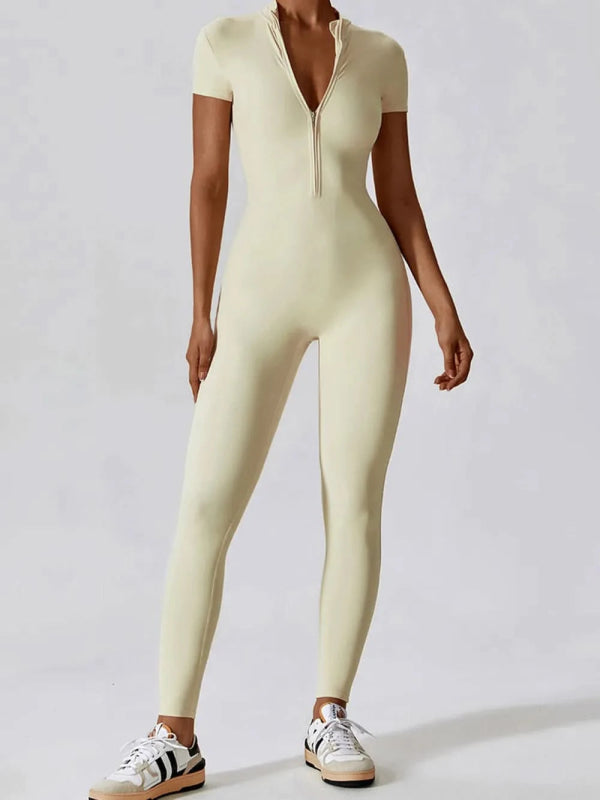 Basic Bae Half Zip Short Sleeve Active Jumpsuit - ShalayeFashion