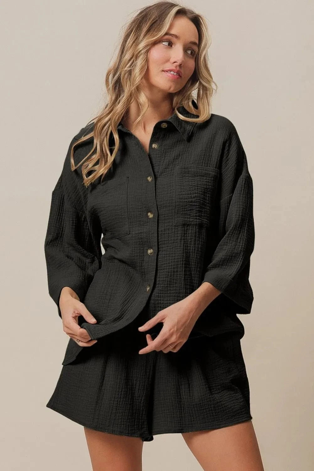 BiBi Crinkle Gauze Shirt and Short Set - ShalayeFashion