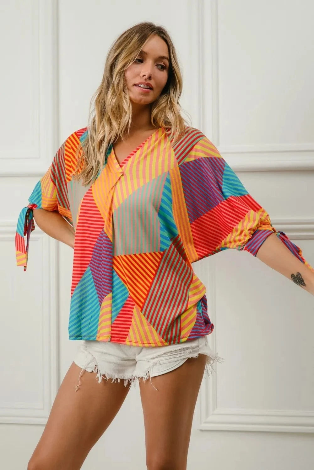 BiBi Multi Stripe Block Printed Jersey Blouse with Tied Sleeves - ShalayeFashion