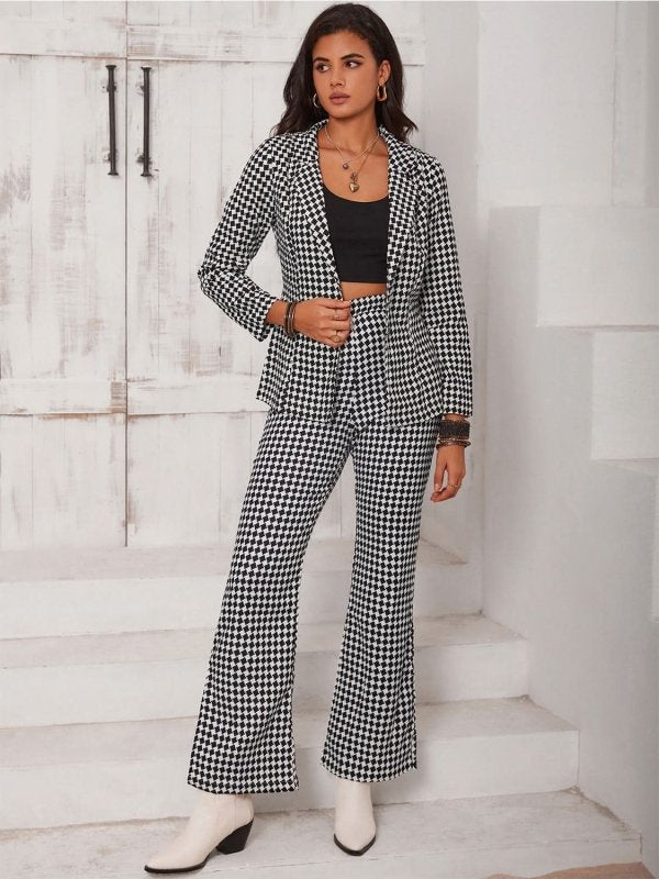 Checkered Blazer & Slit Pants Set - ShalayeFashion