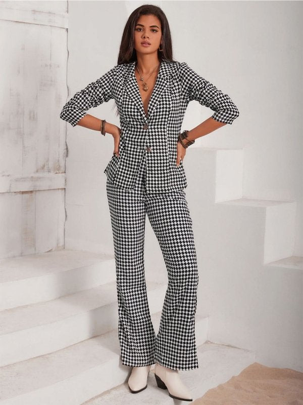 Checkered Blazer & Slit Pants Set - ShalayeFashion
