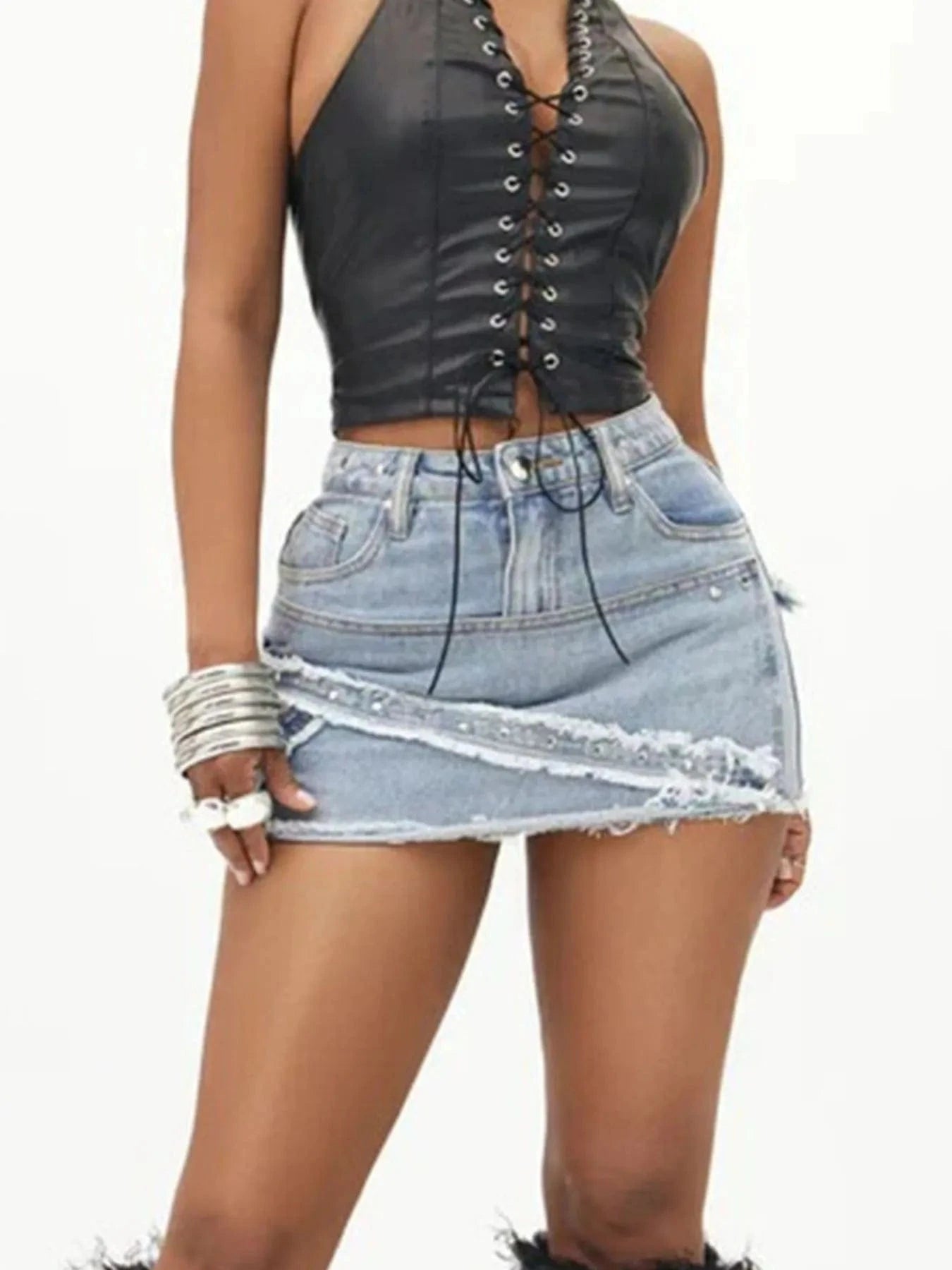 Chic Raw Hem Denim Mini Skirt Women - ShalayeFashion