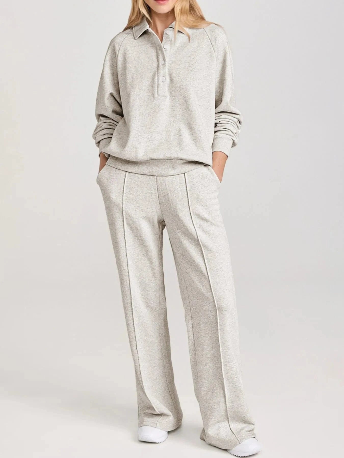 Collared Sweatshirt and High Waist Pants Active Set - ShalayeFashion