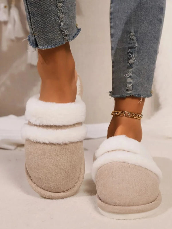 Contrast Faux Fur Round Toe Slippers - ShalayeFashion