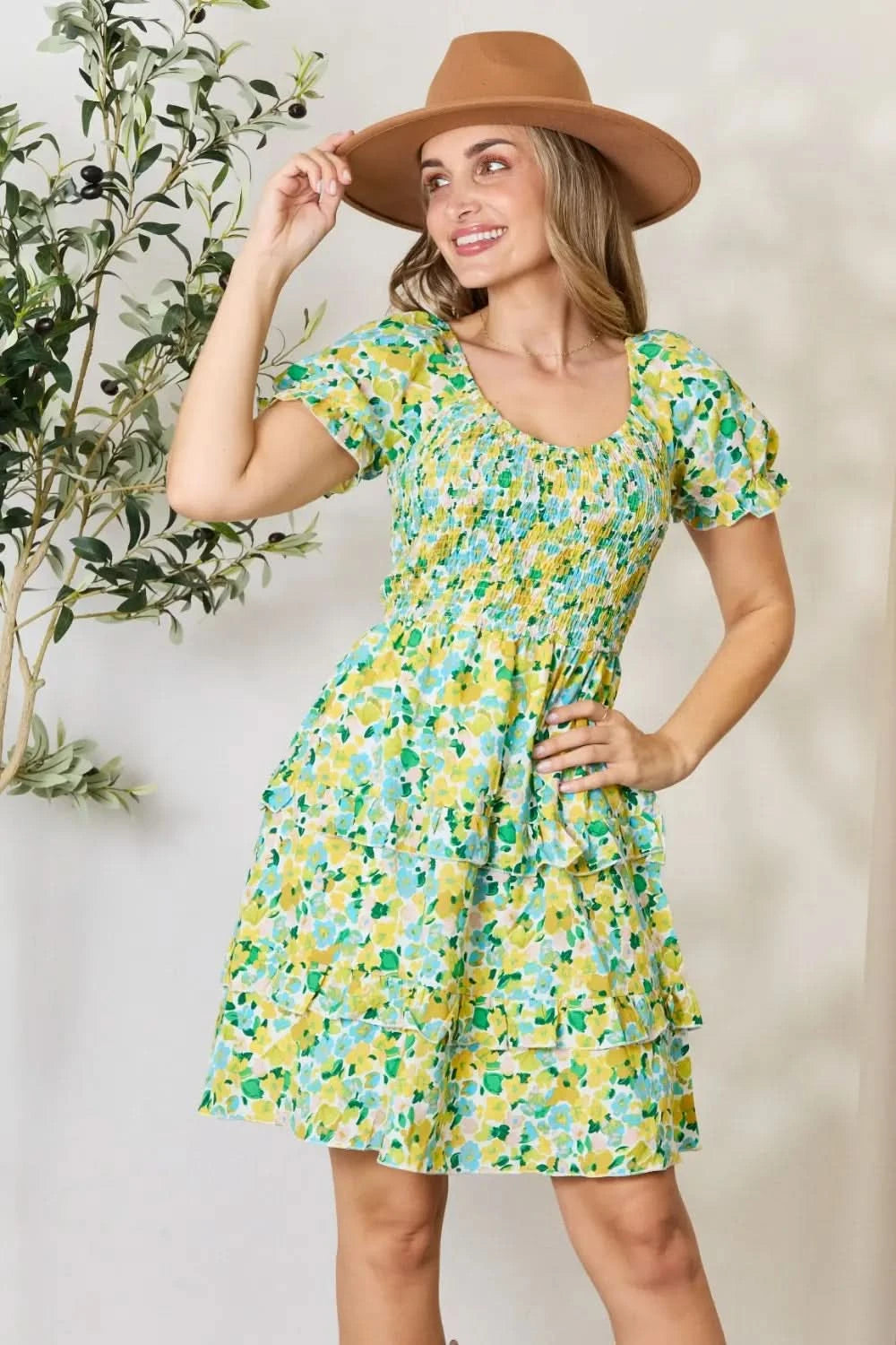 Devine Smocked Scoop Neck Flounce Sleeve Mini Dress - ShalayeFashion