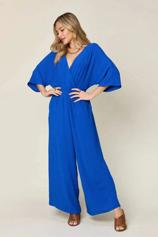 Double Take Full Size Surplice Wide Leg Jumpsuit with Pockets - ShalayeFashion