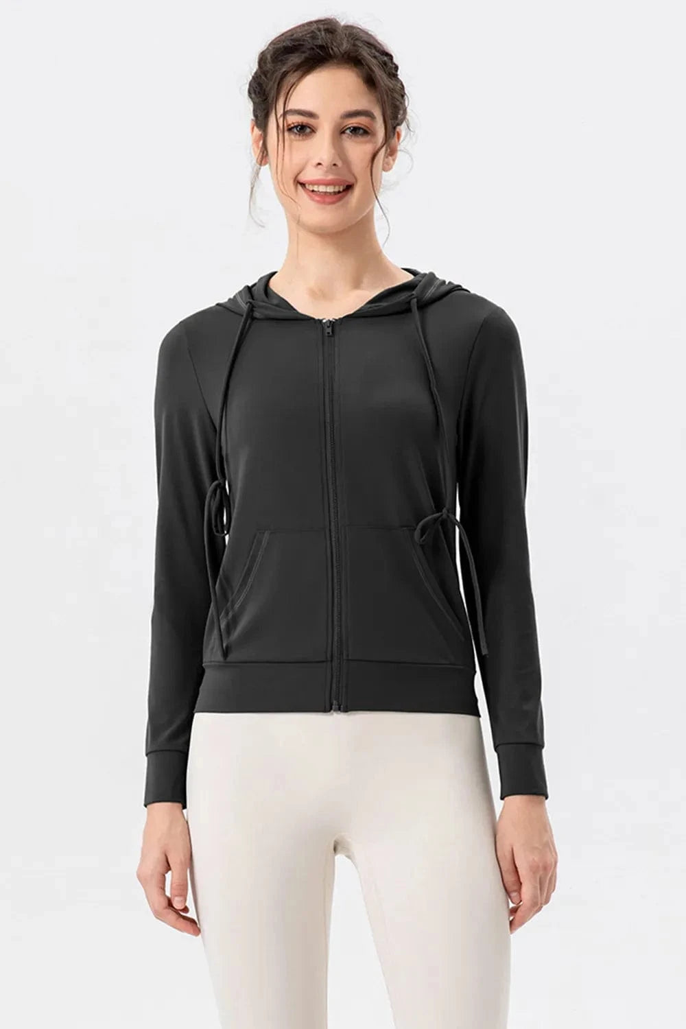 Drawstring Zip Up Hooded Active Outerwear - ShalayeFashion