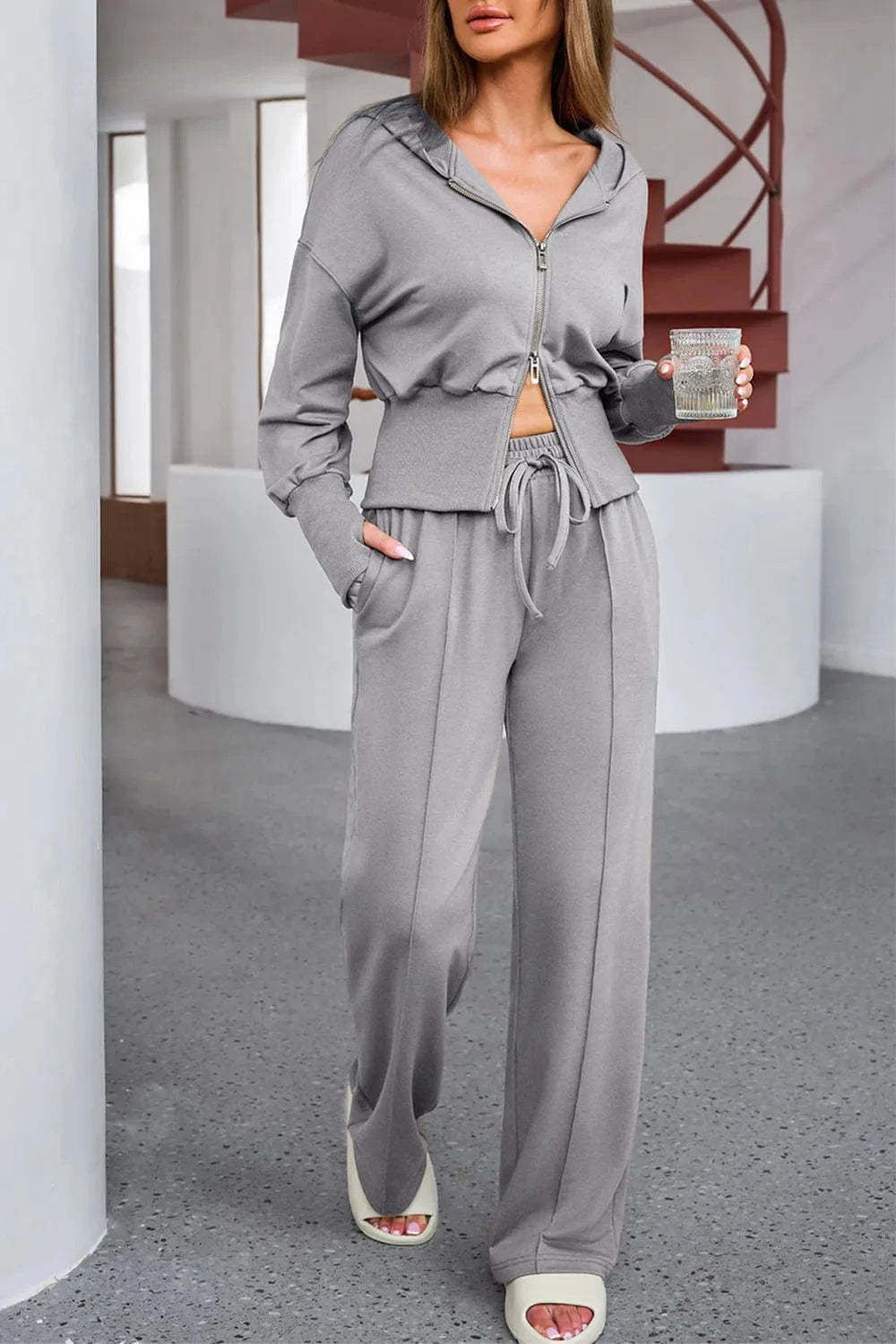 Dropped Shoulder Hoodie and Drawstring Pants Active Set - ShalayeFashion