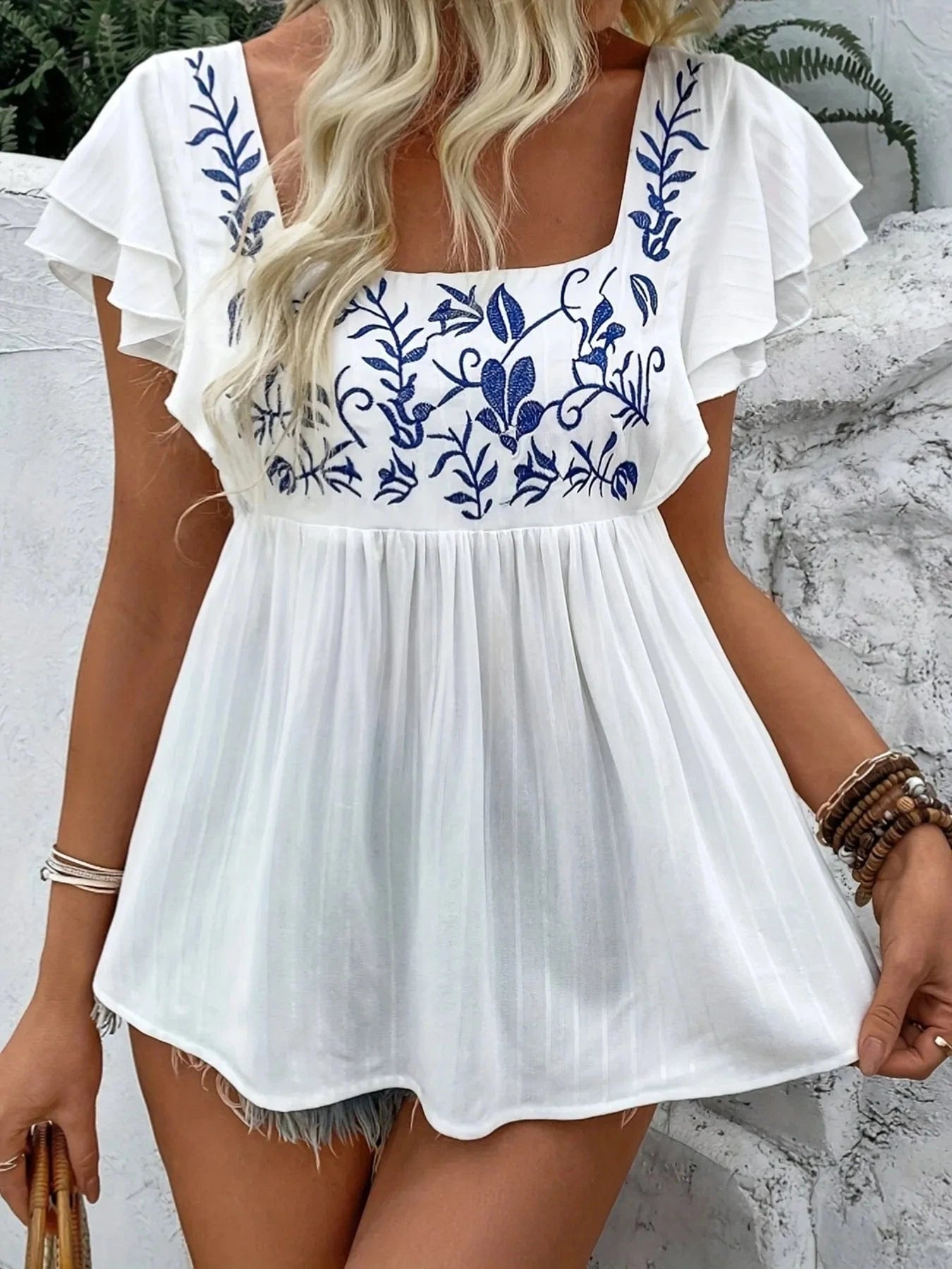 Embroidered Flutter Sleeve Blouse - ShalayeFashion