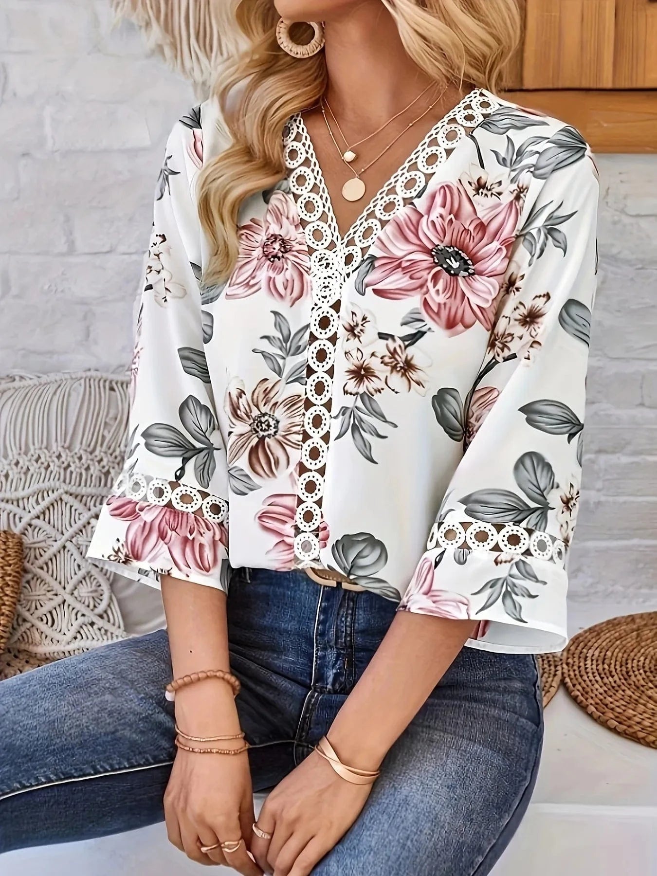 Floral Print V - Neck Blouse - ShalayeFashion