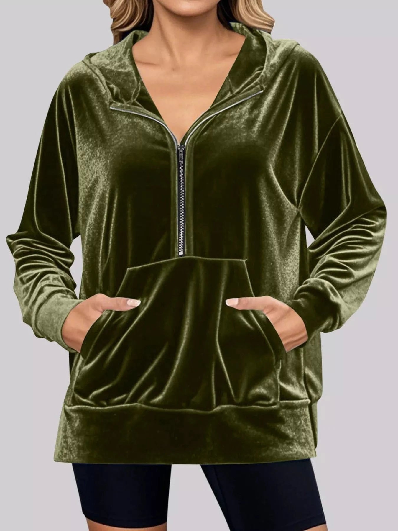 Full Size Half Zip Kangaroo Pocket Hoodie Plus Size - ShalayeFashion