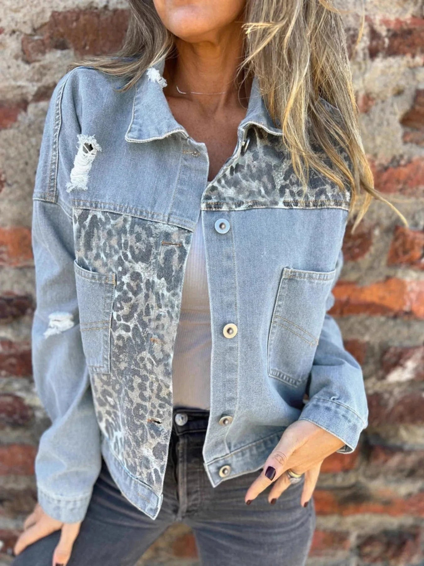 Full Size Leopard Button Up Denim Jacket Plus Size - ShalayeFashion