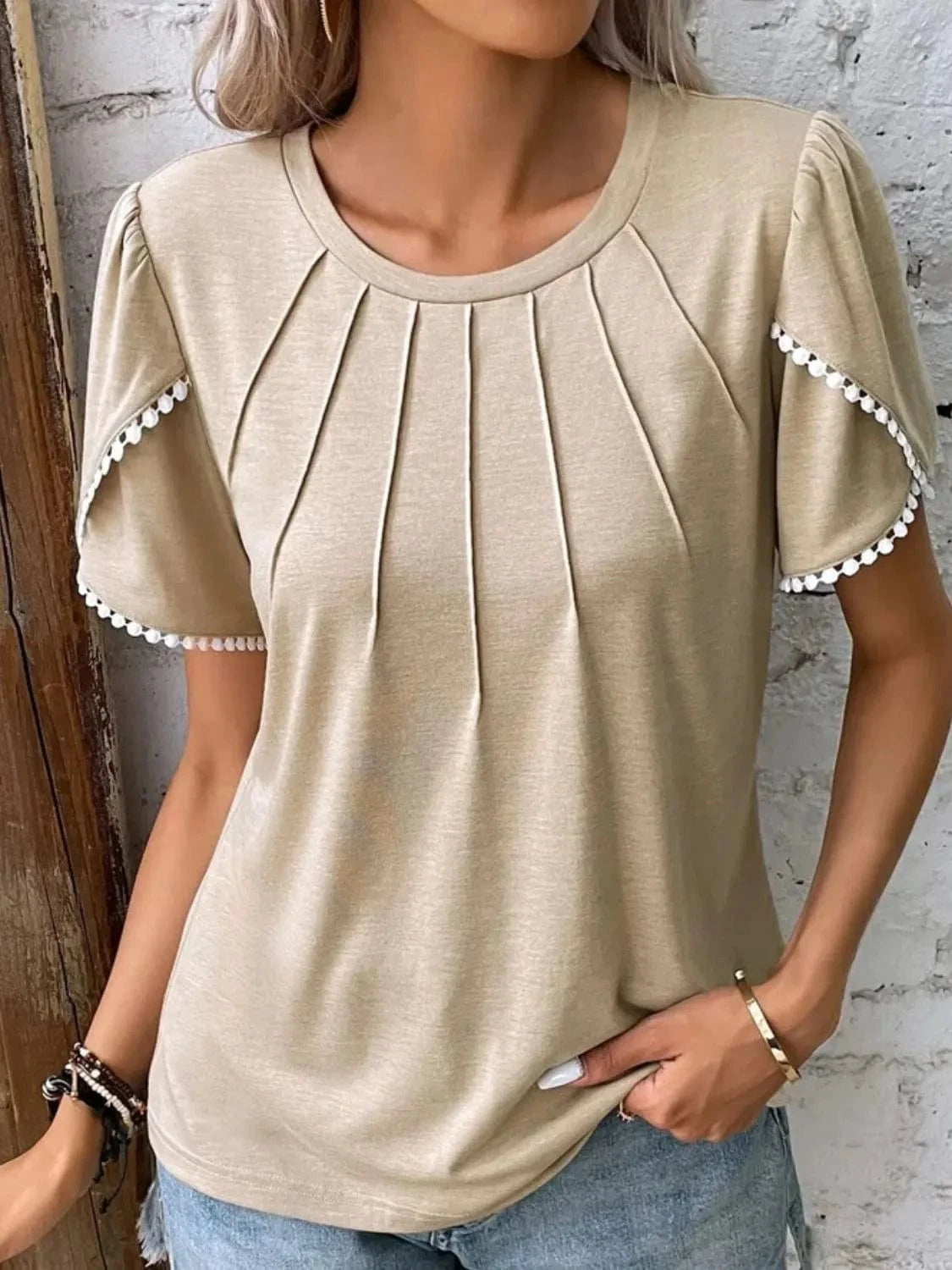Full Size Round Neck Petal Sleeve Blouse Plus Size - ShalayeFashion