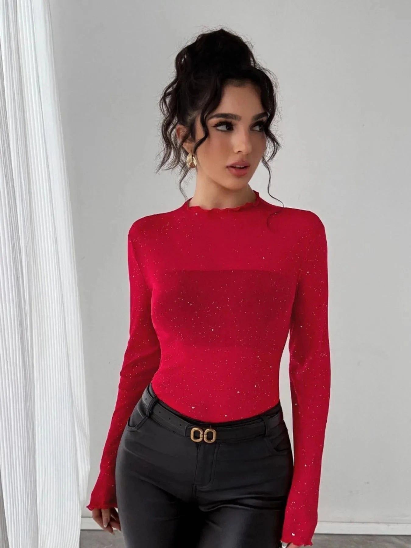 Glitter Long Sleeve Fitted Top - ShalayeFashion