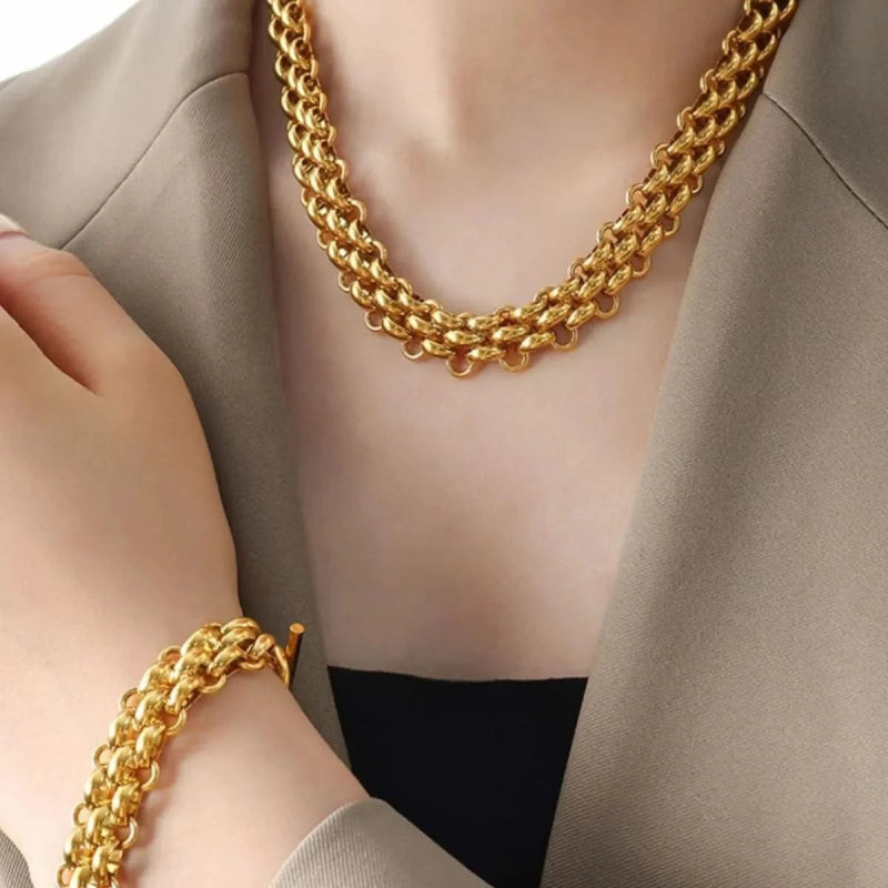 Gold Chain Link Jewelry Set with Necklace and Bracelet - ShalayeFashion