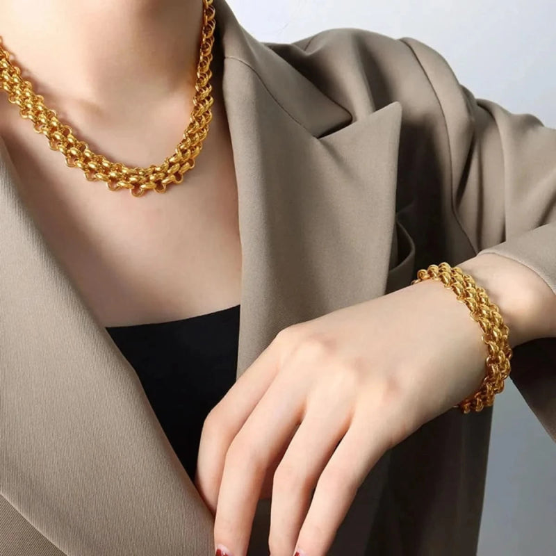 Gold Chain Link Jewelry Set with Necklace and Bracelet - ShalayeFashion