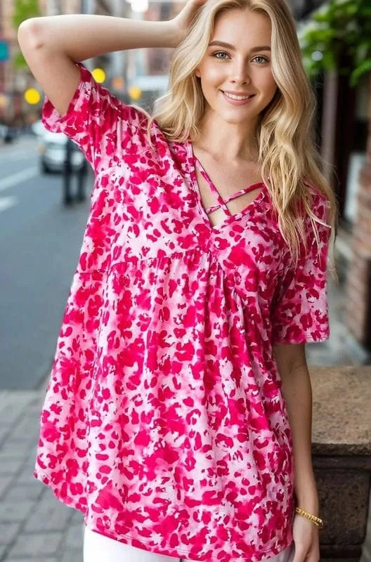 Heimish Full Size Short Sleeve Crisscross Animal Babydoll Top Plus Size - ShalayeFashion