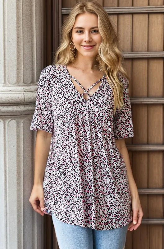 Heimish Full Size Short Sleeve Crisscross Animal Babydoll Top Plus Size - ShalayeFashion