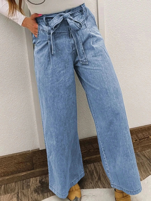 High Waisted Wide Leg Belted Jeans - ShalayeFashion