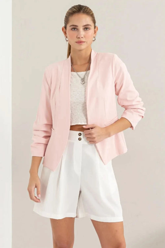 HYFVE Open Front Ruched Sleeve Blazer - ShalayeFashion