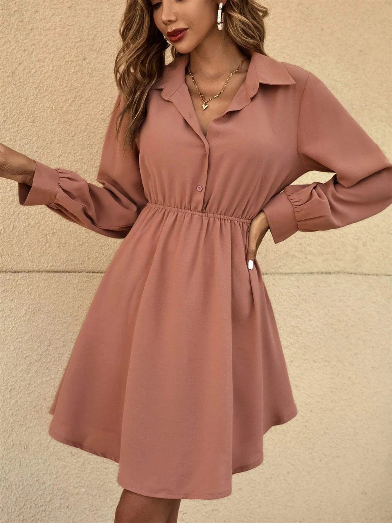 Long Sleeve Button - Front Shirt Dress - ShalayeFashion