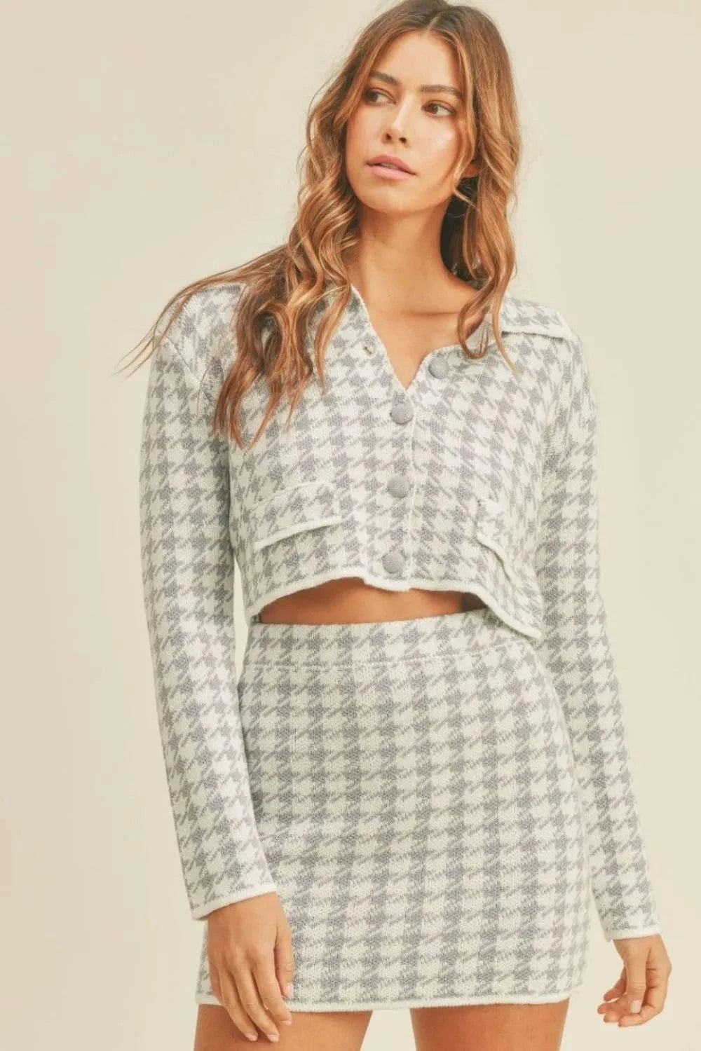 MABLE Houndstooth Cropped Knit Cardigan and Mini Skirt Set - ShalayeFashion