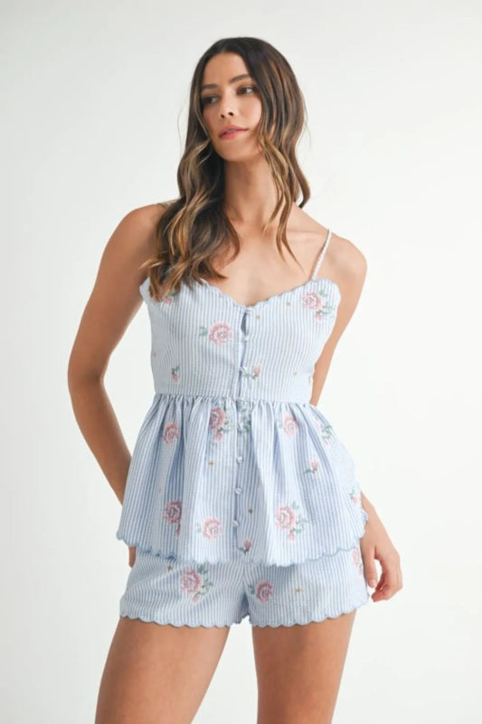 MABLE Stripe Embroidered Peplum Cami and Shorts Set - ShalayeFashion