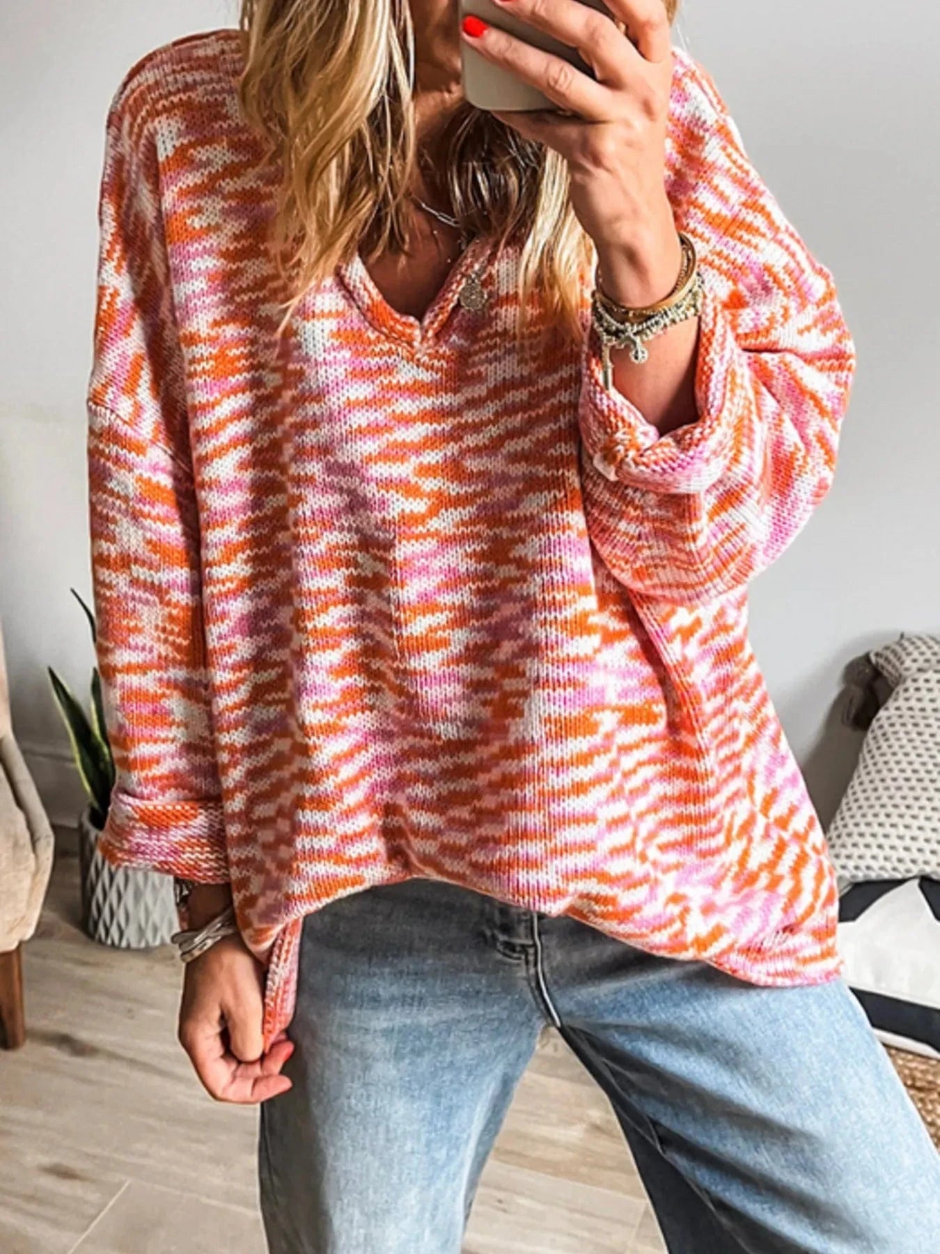 Multi - Color V - Neck Sweater - ShalayeFashion