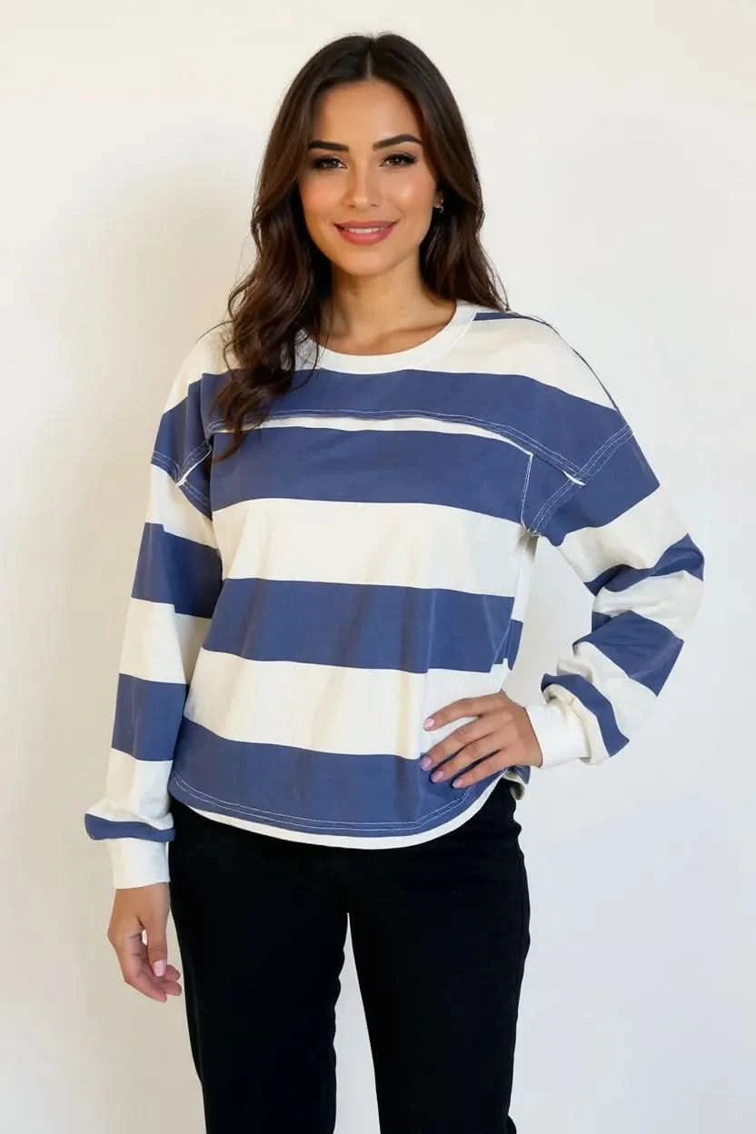Oh Pima Cotton Wash Exposed Seam Contrast Striped Round Neck Long Sleeve T-Shirt - ShalayeFashion