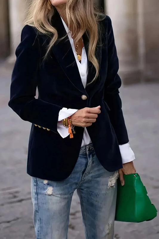 One Button Lapel Collar Long Sleeve Blazer - ShalayeFashion